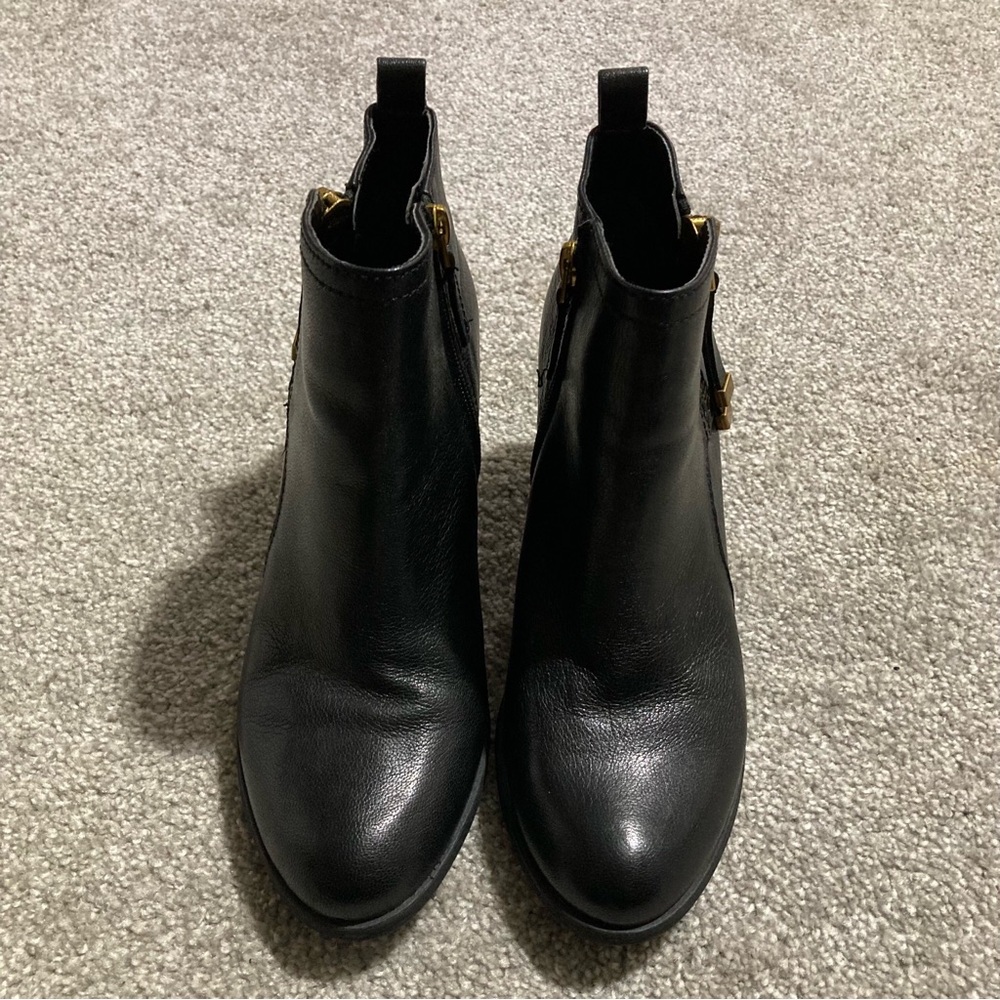 Franco Sarto Diana Womens Black Leather Gold Zip Ankle Boots Size 7.5